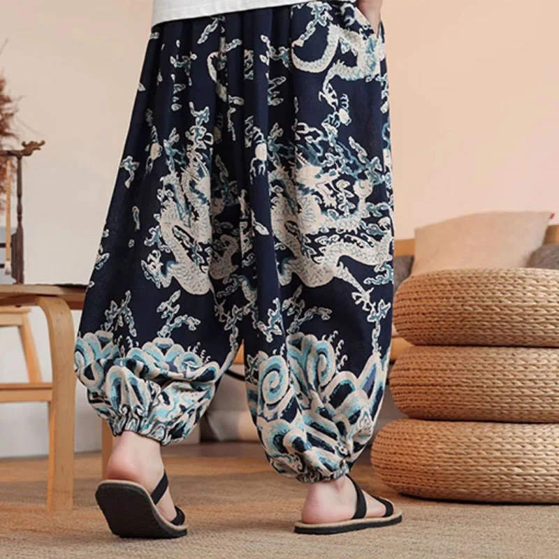 Buddha Stones Dragon Print Cotton Men's Harem Ankle-Length Pants With Pockets