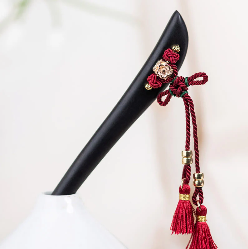 Buddha Stones Ebony Red String Chinese Knot Tassel Protection Hairpin