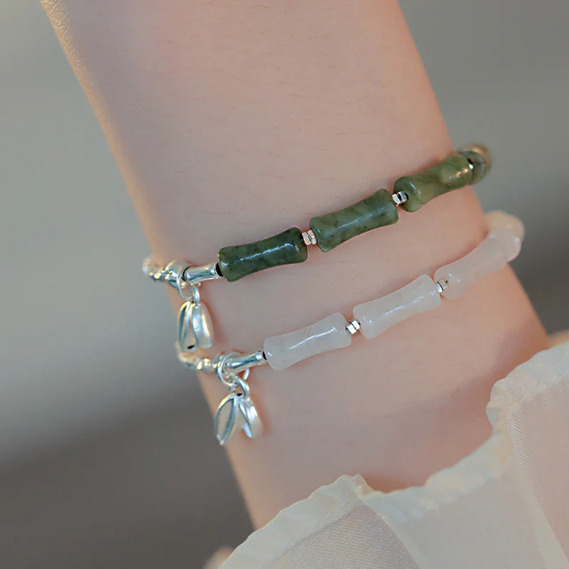 Buddha Stones 925 Sterling Silver Peridot Bamboo Pattern Luck Bracelet