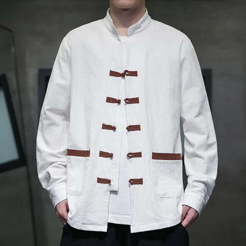 Buddha Stones Men's Stand Collar Frog-button Cotton Linen Long Sleeve Shirt With Pockets