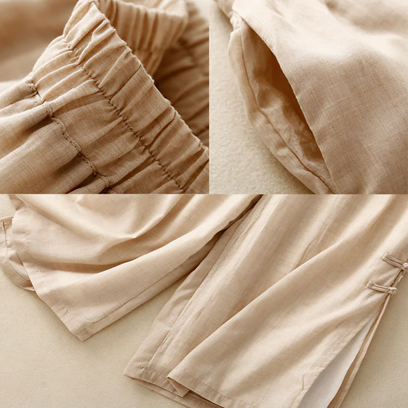 Buddha Stones Frog-Button Hem Slit Design Women's Wide Leg Cotton Linen Pants With Pockets