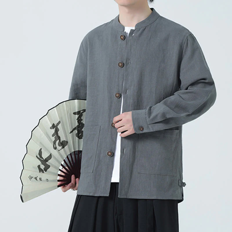 Buddha Stones Men's Button Ramie Linen Cotton Fleece Lined Jacket Shirt With Pockets