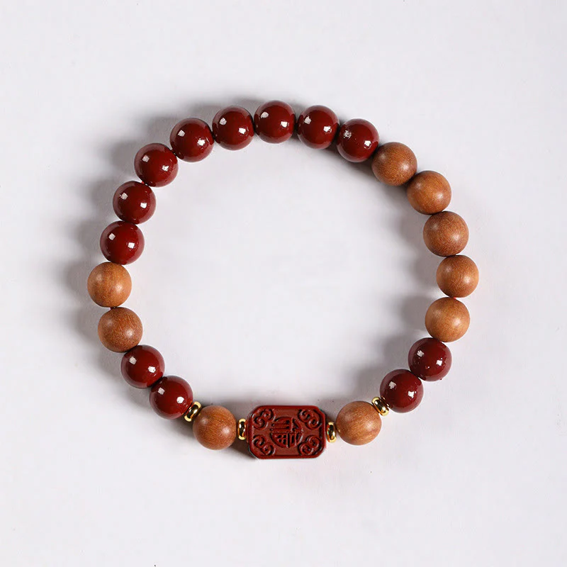 Buddha Stones Cinnabar Wood Beads Lotus Fu Character Blessing Bracelet
