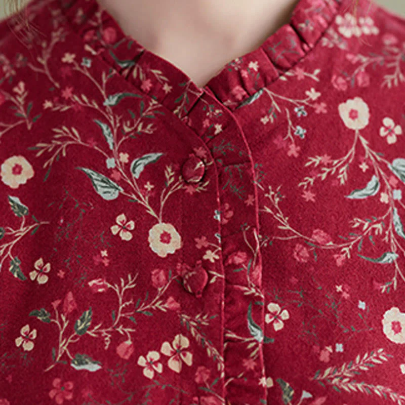 Buddha Stones Ethnic Printing Drawstring Long Sleeve Cotton Linen Midi Dress With Pockets