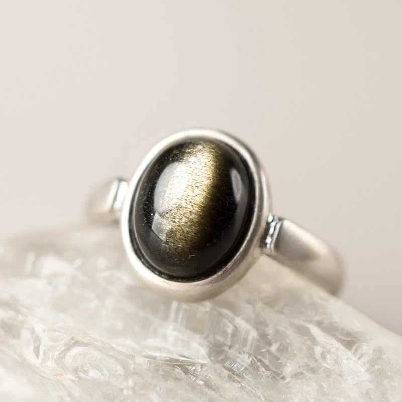 Buddha Stones Natural 925 Sterling Silver Gold Sheen Obsidian Adjustable Wealth Ring