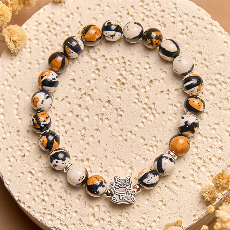 Buddha Stones 925 Sterling Silver Calico Cat Stone Bead Bracelet