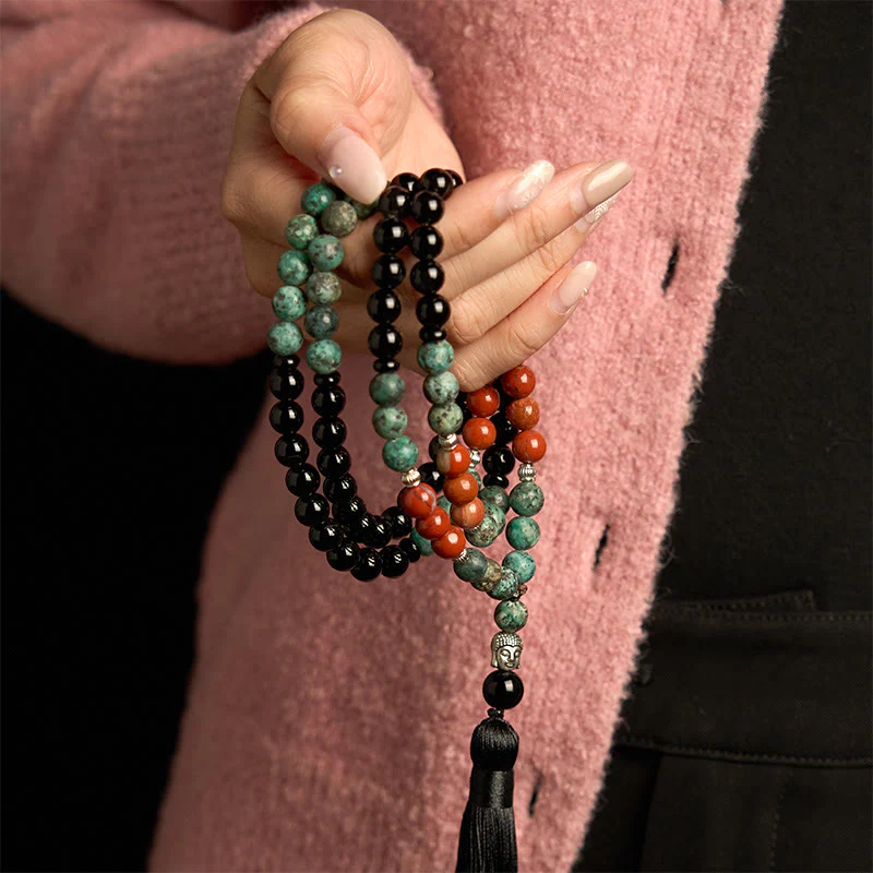 Buddha Stones 108 Mala Natural Black Onyx Red Jasper Turquoise Beads Buddha Head Tassel Protection Bracelet