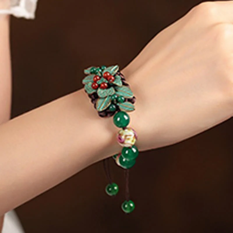 Buddha Stones Green Agate Glass Flower Beads Braided Knot Support Bracelet