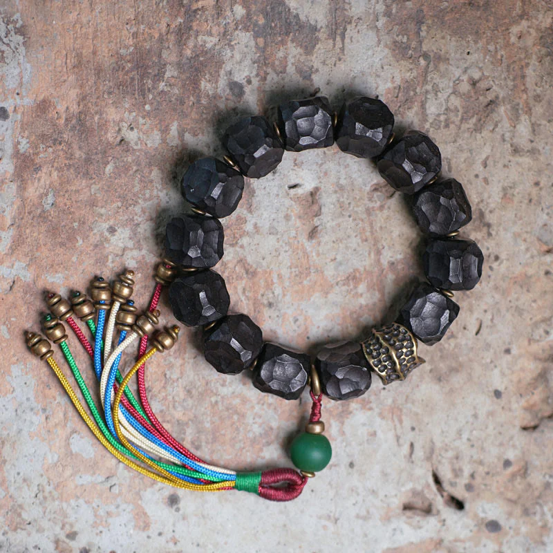 Buddha Stones Tibet Ebony Wood Copper Peace Tassel Wrist Mala Bracelet