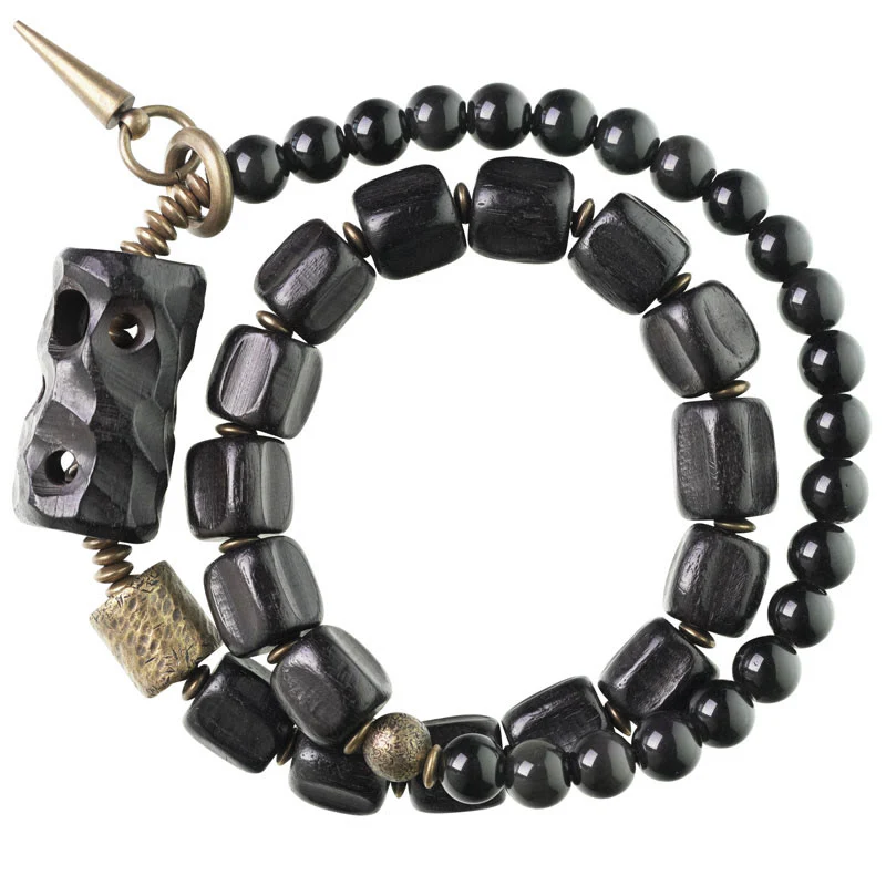 Buddha Stones Ebony Wood Black Obsidian Copper Brass Peace Double Wrap Bracelet
