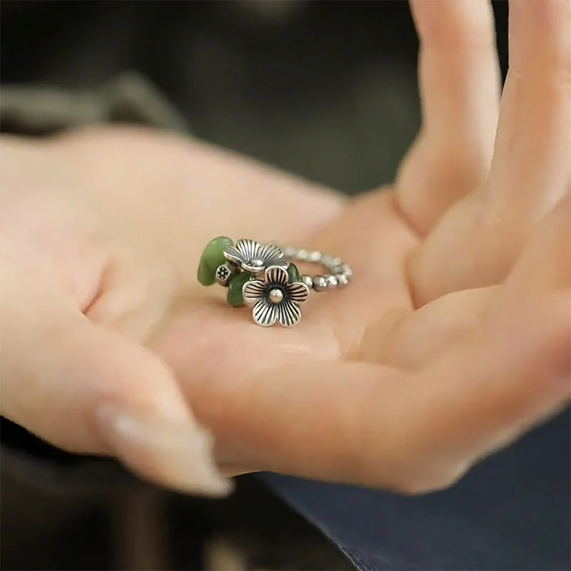 Buddha Stones Flower Pattern Copper Alloy Luck Elastic Rope Ring