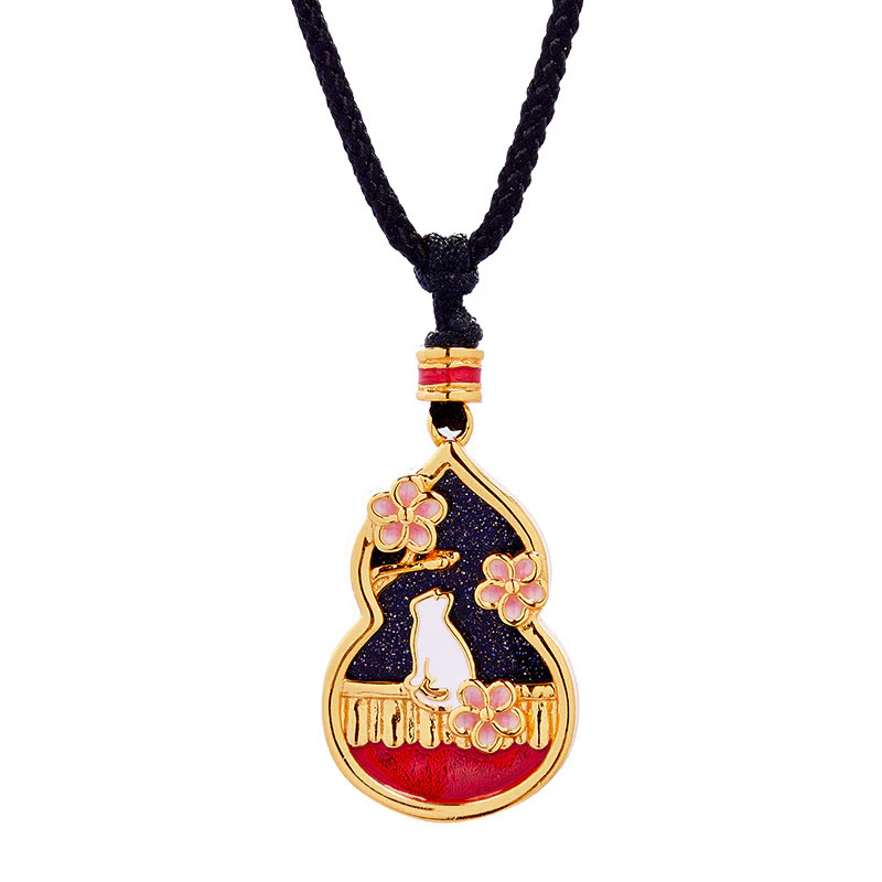 Buddha Stones 925 Sterling Silver Peach Blossom Cat Gourd Pattern Protection Necklace Pendant