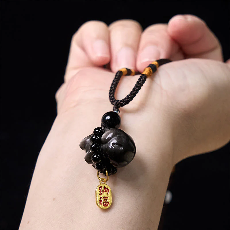 Buddha Stone Silver Sheen Obsidian Puppy Dog Fu Character Protection Necklace Phone Hanging Decoration