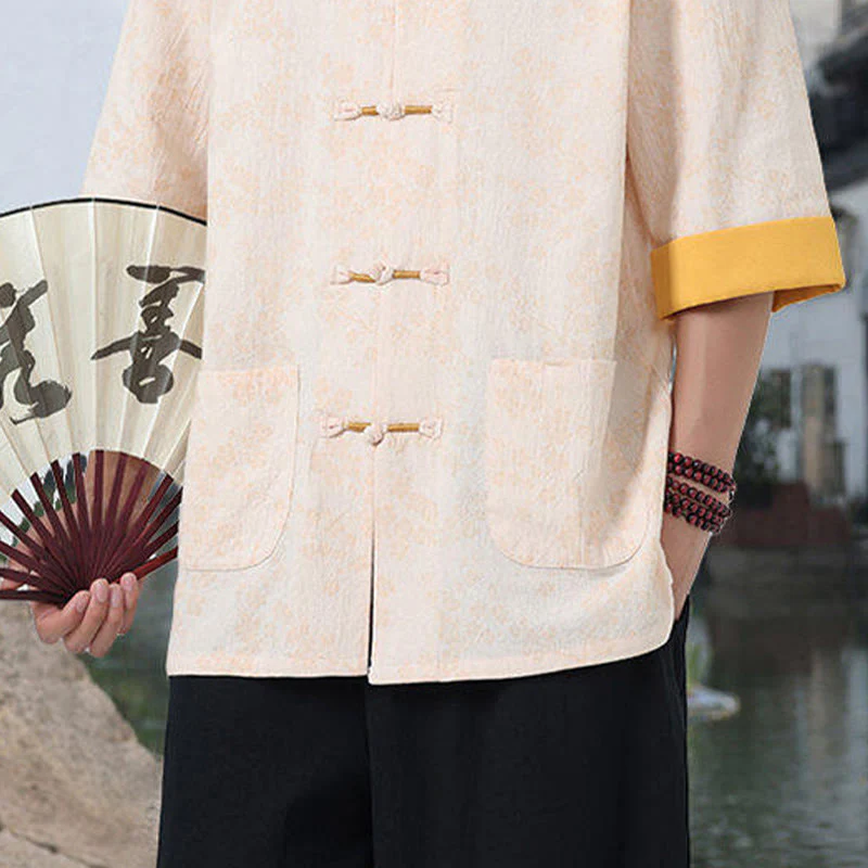 Buddha Stones Retro Printing Flower Pattern Frog-Button Design Stand Collar Men's Half Sleeve Cotton Shirt With Pockets