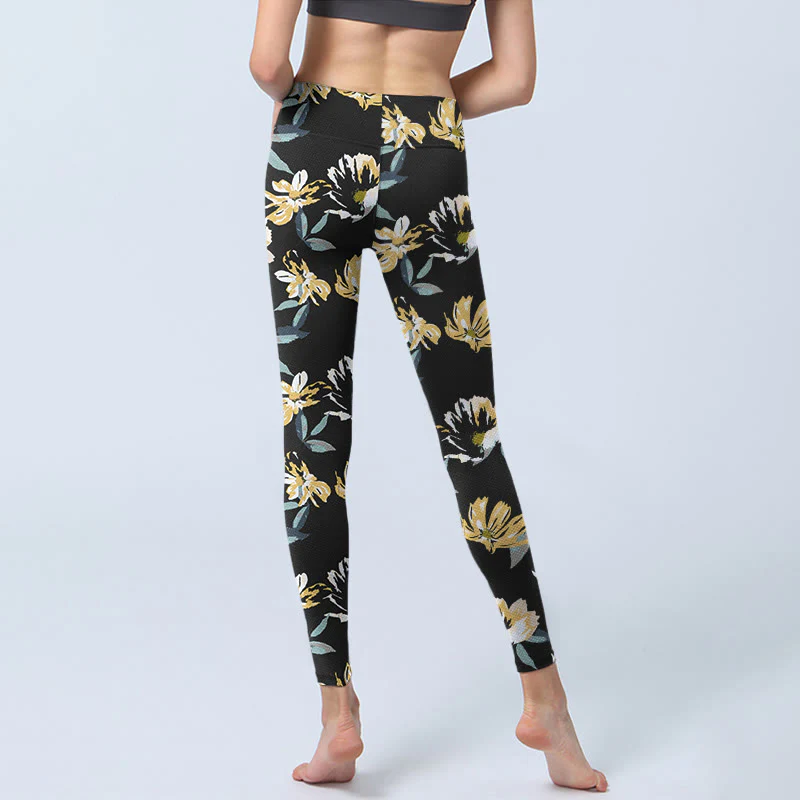 Buddha Stones Yellow White Flower Pattern Print Gym Leggings Women's Yoga Pants
