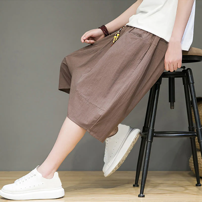 Buddha Stones Casual Drawstring Cotton Linen Men's Capri Harem Pants With Pockets