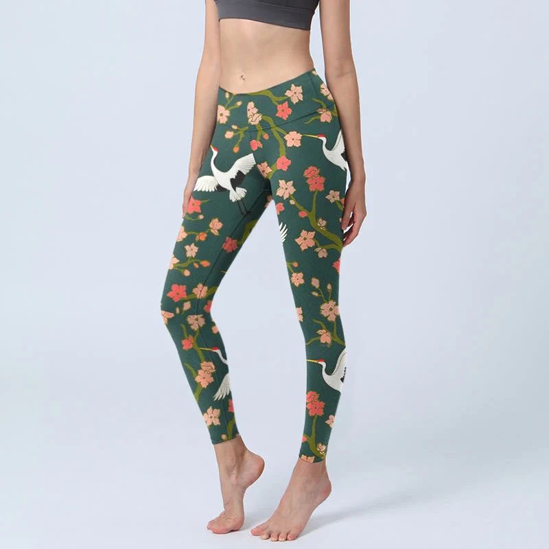 Buddha Stones White Red-crowned Cranes Red Orange Flower Trees Print Gym Leggings Women's Yoga Pants
