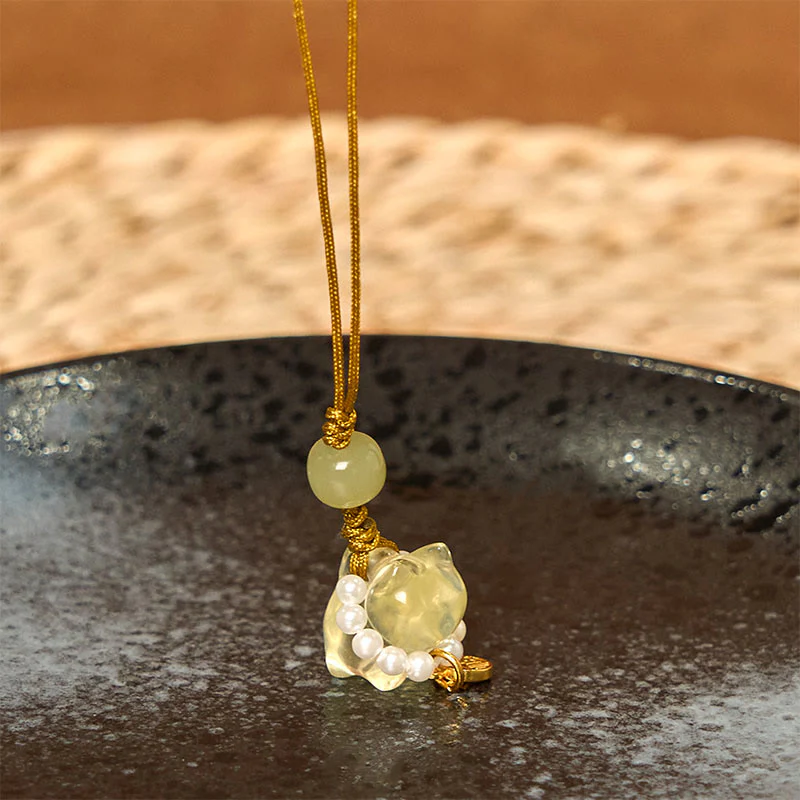 Buddha Stones Pink Crystal Amethyst Citrine Pearl Fu Character Lucky Kitten Warmth Phone Hanging Decoration