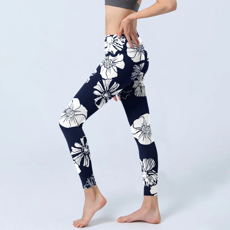 Buddha Stones Large White Petals Plants Pattern Print Gym Leggings Women's Yoga Pants