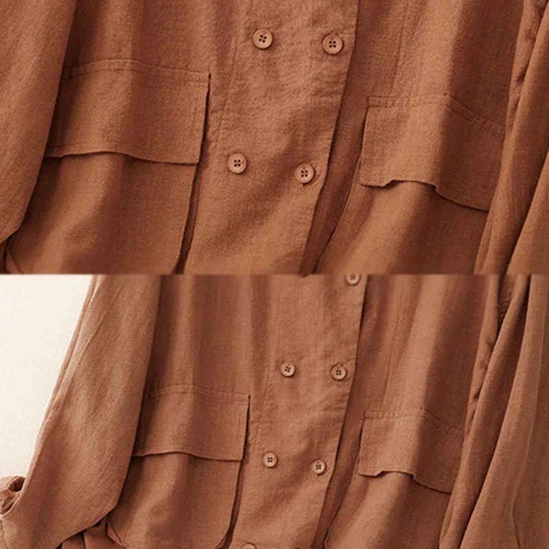 Buddha Stones Double‑Breasted Design Long Sleeve Women's Cotton Linen Jacket With Pockets