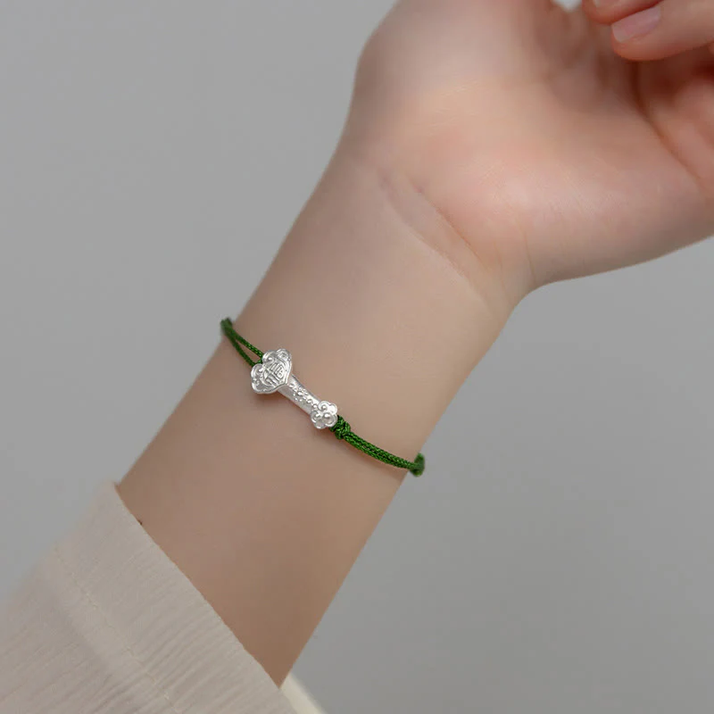 Buddha Stones Handmade 999 Sterling Silver Fu Character Wish Ruyi Handle Luck Braided Green Rope Bracelet