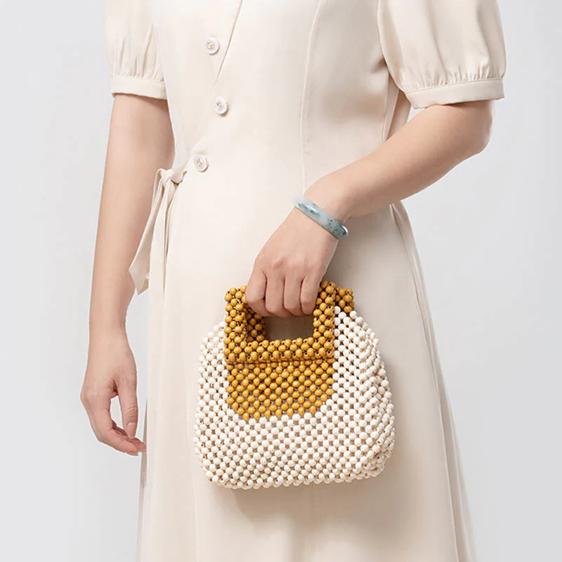 Buddha Stones Hand-woven Wooden Beads Square Tote Handbag