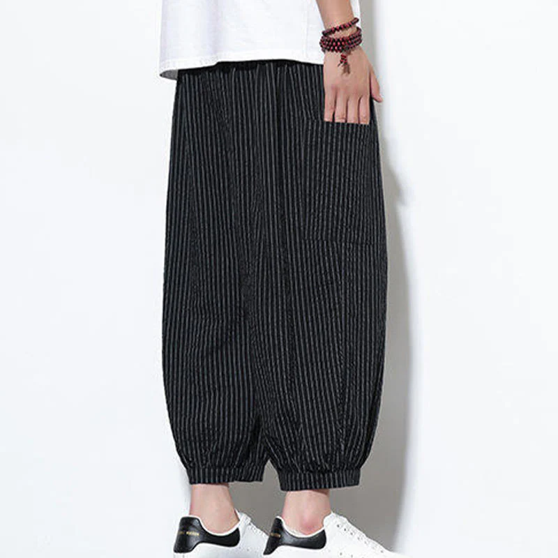 Buddha Stones Casual Striped Men's Cotton 7-8 Length Harem Pants With Pockets