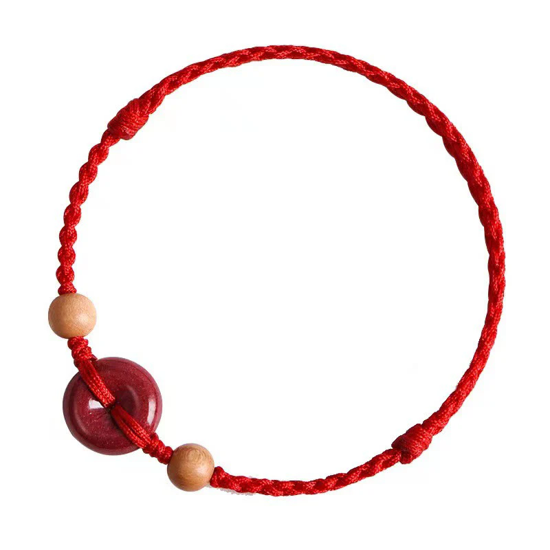 Buddha Stones Peach Wood Peace Buckle Cinnabar Wealth String Bracelet Anklet
