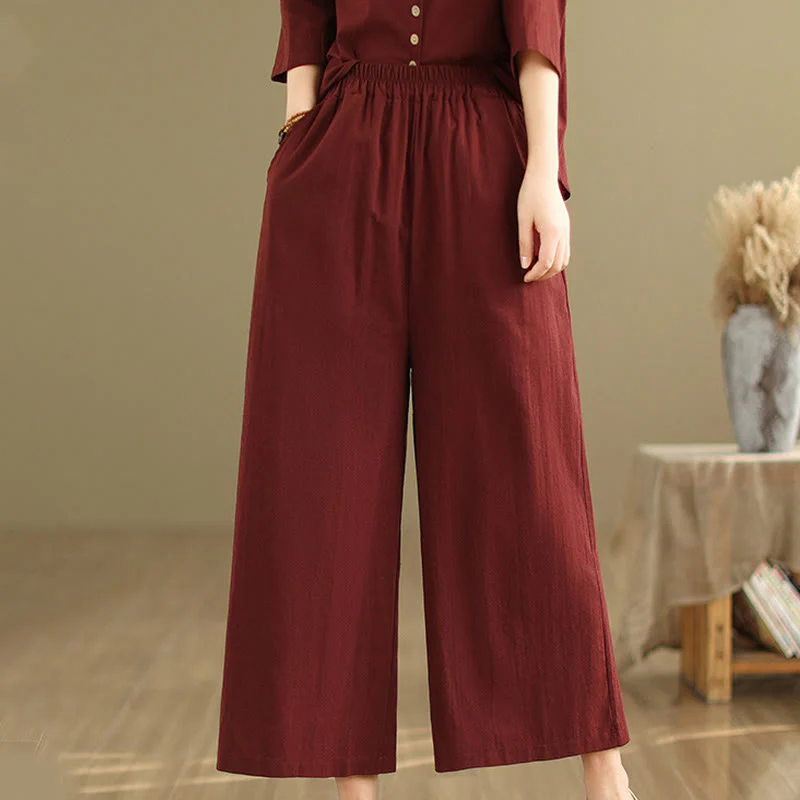 Buddha Stones 2pcs Casual Women's Stand Collar Shirt Loose Pants Meditation Clothing Set