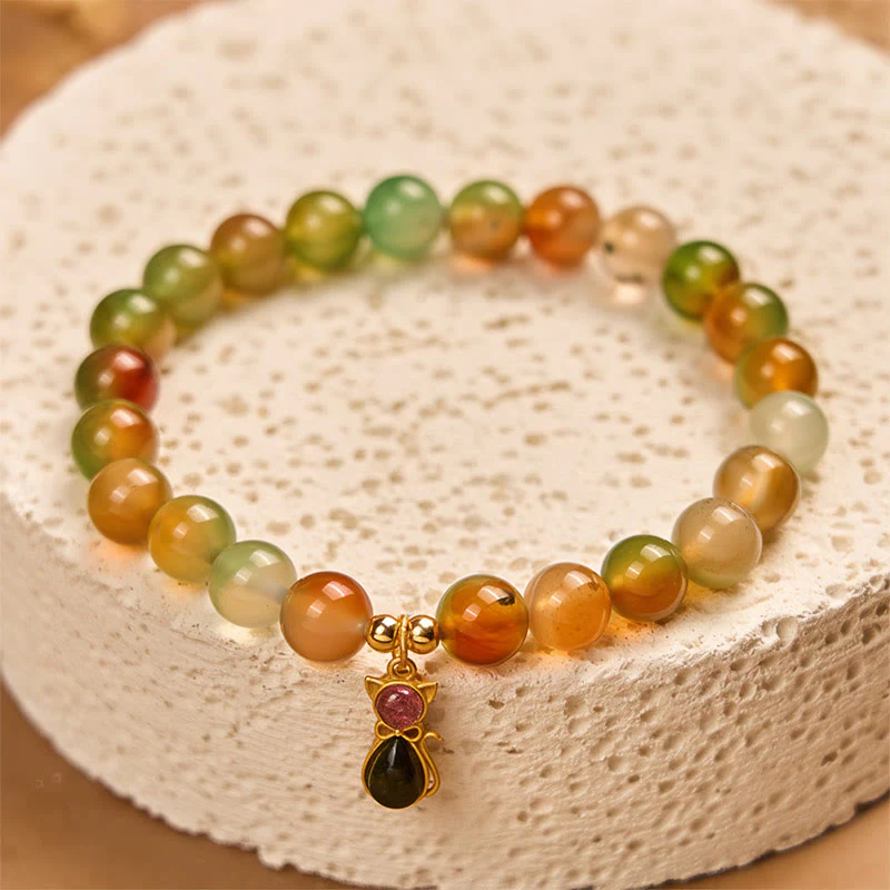 Buddha Stones 925 Sterling Silver Tourmaline Cat Natural Peacock Agate Courage Bracelet