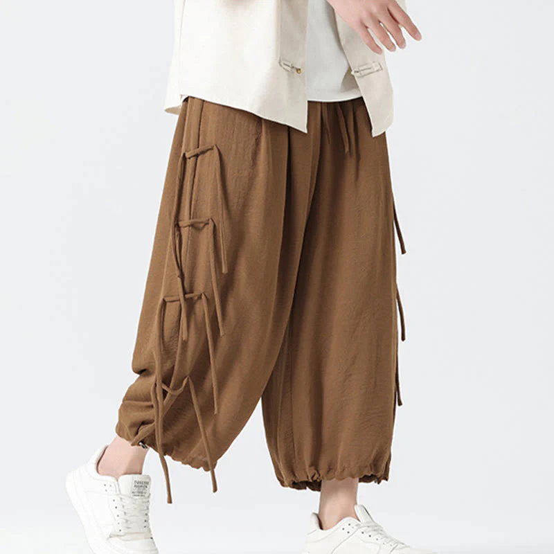 Buddha Stones Casual Loose Lanyard Design Waist Rope Men's 7-8 Length Spandex Pants With Pockets