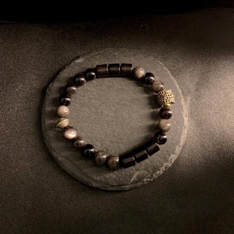 Buddha Stones Silver Sheen Obsidian Ebony Protection Bracelet