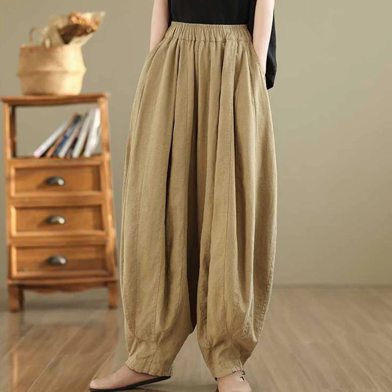 Buddha Stones Spring Casual Simple Design Women's Cotton Linen Harem Pants With Pockets