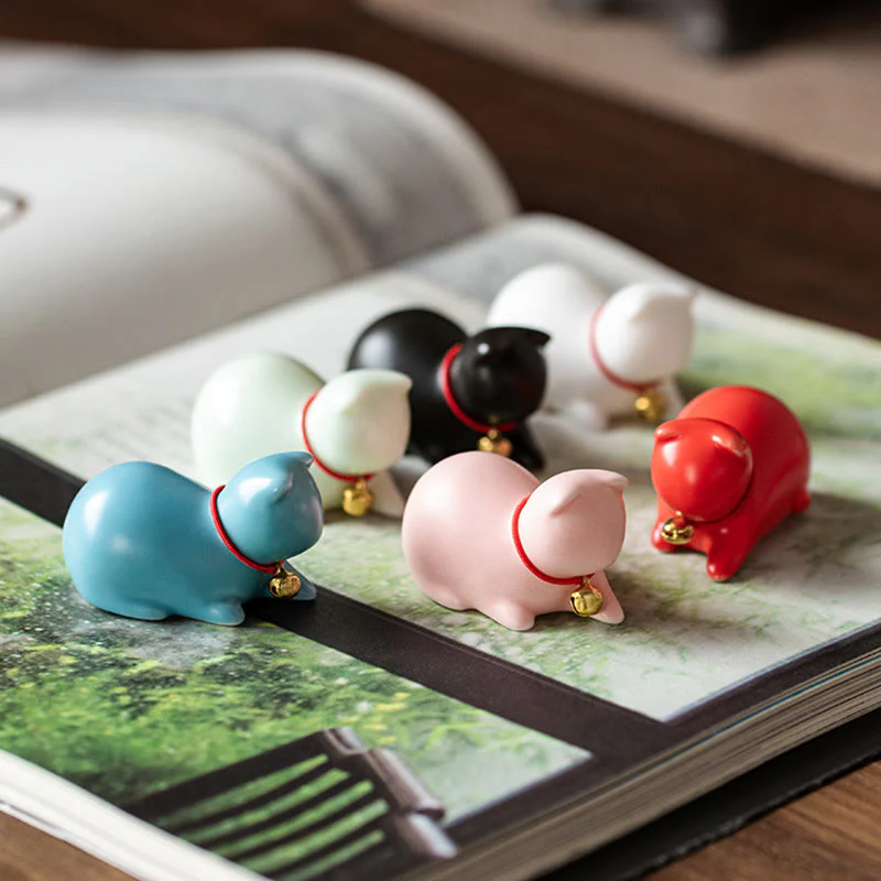 Buddha Stones Mini Cute Standing Lying Cat Tea Pet Ceramic Home Desk Figurine Decoration