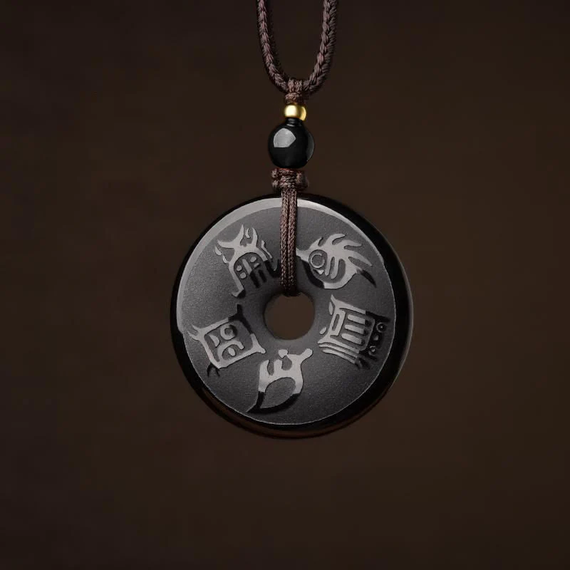 Buddha Stones Black Obsidian Taoism Five Sacred Mountains Carved Strength Peace Buckle Necklace Pendant Key Chain Phone Hanging Decoration
