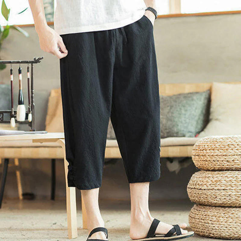 Buddha Stones Crane Embroidery Cotton Men's Cropped Harem Pants With Pockets