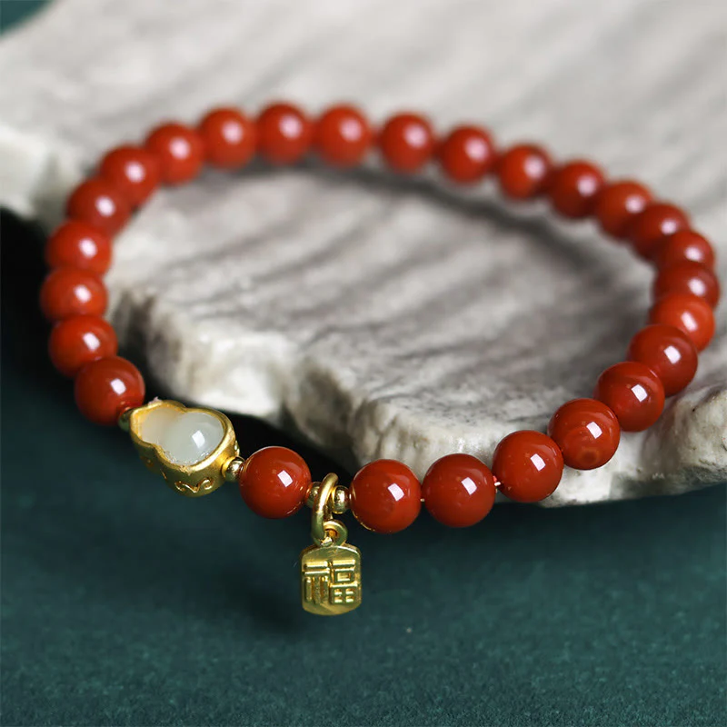 Buddha Stones Natural South Red Agate Hetian Jade Gourd Positive Bracelet