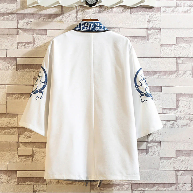 Buddha Stones Embroidery Dragon Phoenix Auspicious Cloud Waves Leaves Cranes Open Front Jacket Men's Kimono