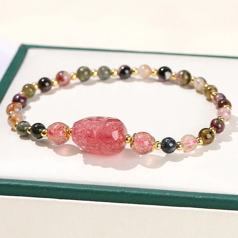 Buddha Stones Moonstone Strawberry Quartz Tourmaline PiXiu Healing Bracelet