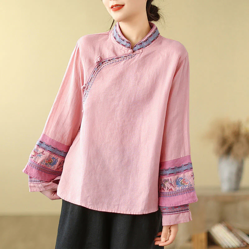 Buddha Stones Embroidered Slanted Buttons Cotton Linen Women's Shirt