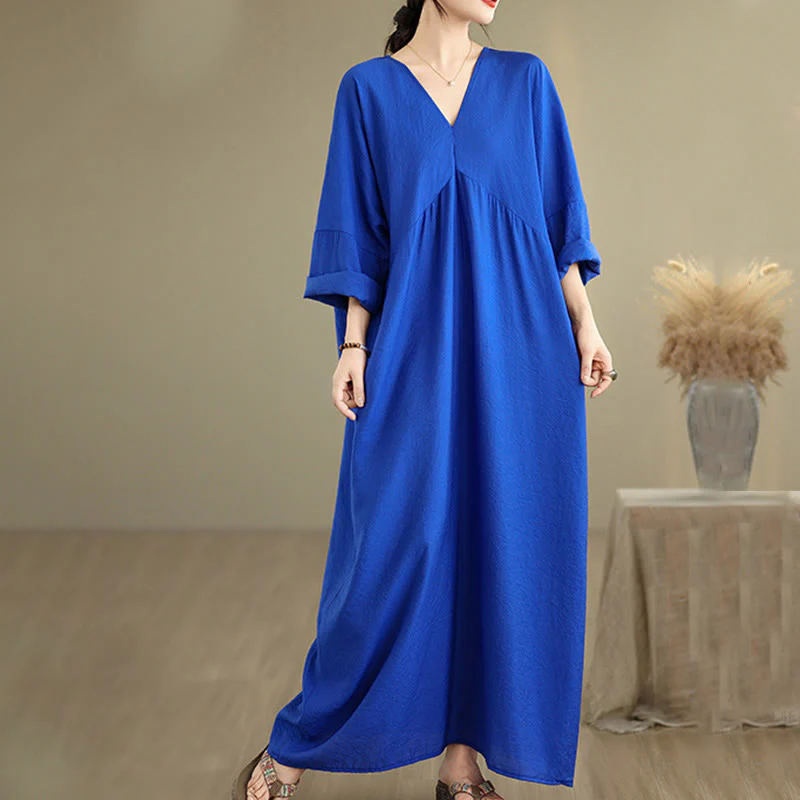 Buddha Stones Fall Casual V-Neck Long Sleeve Cotton Midi Dress