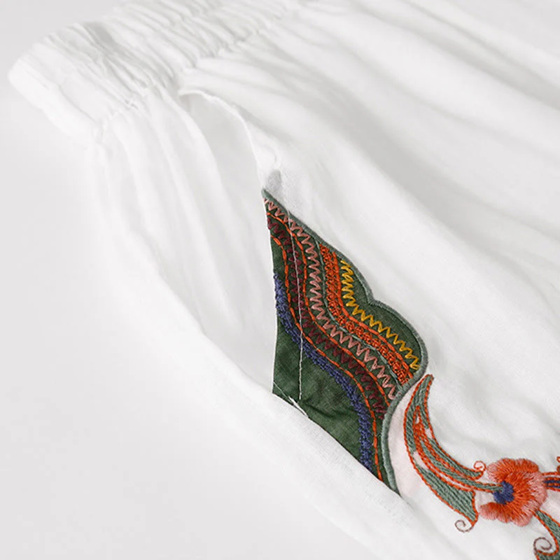 Buddha Stones Casual Flower Embroidery Women's Cotton Linen Elastic Waist  Wide Leg Pants With Pockets