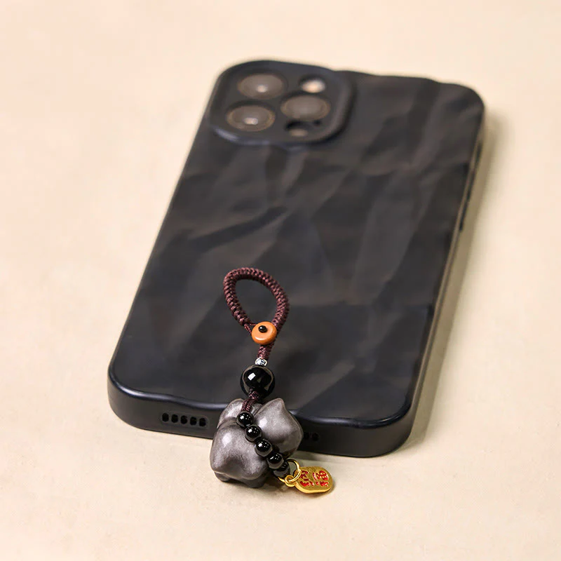 Buddha Stones Silver Sheen Obsidian Black Obsidian Gold Sheen Obsidian Cute Cat Fu Character Protection Key Chain Phone Hanging Decoration