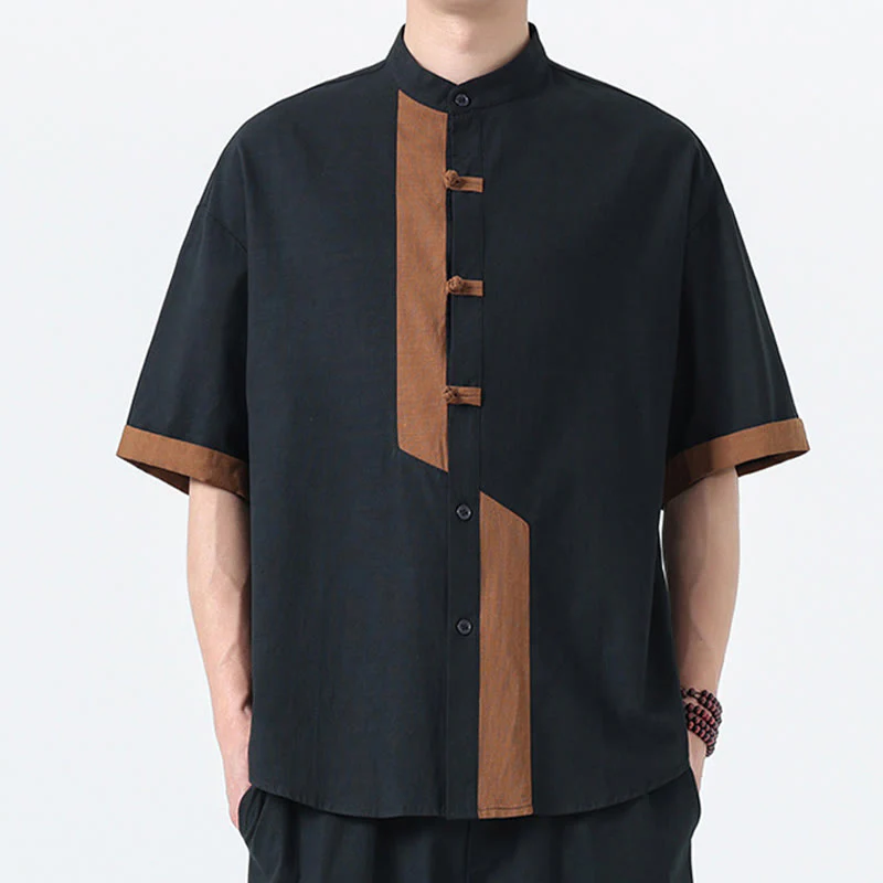 Buddha Stones Casual Color Matching Chinese Frog-Button Design Tang Suit Men's Half Sleeve Cotton Linen Shirt