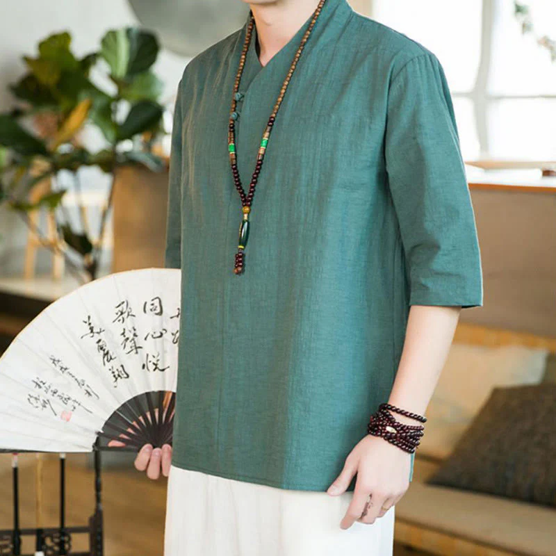 Buddha Stones Summer Vintage Solid Color Frog-Button Design Men's Cotton Three Quarter Sleeve Shirt