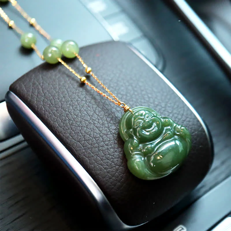 Buddha Stones Laughing Buddha Hetian Jade Luck Necklace Bead Chain Pendant