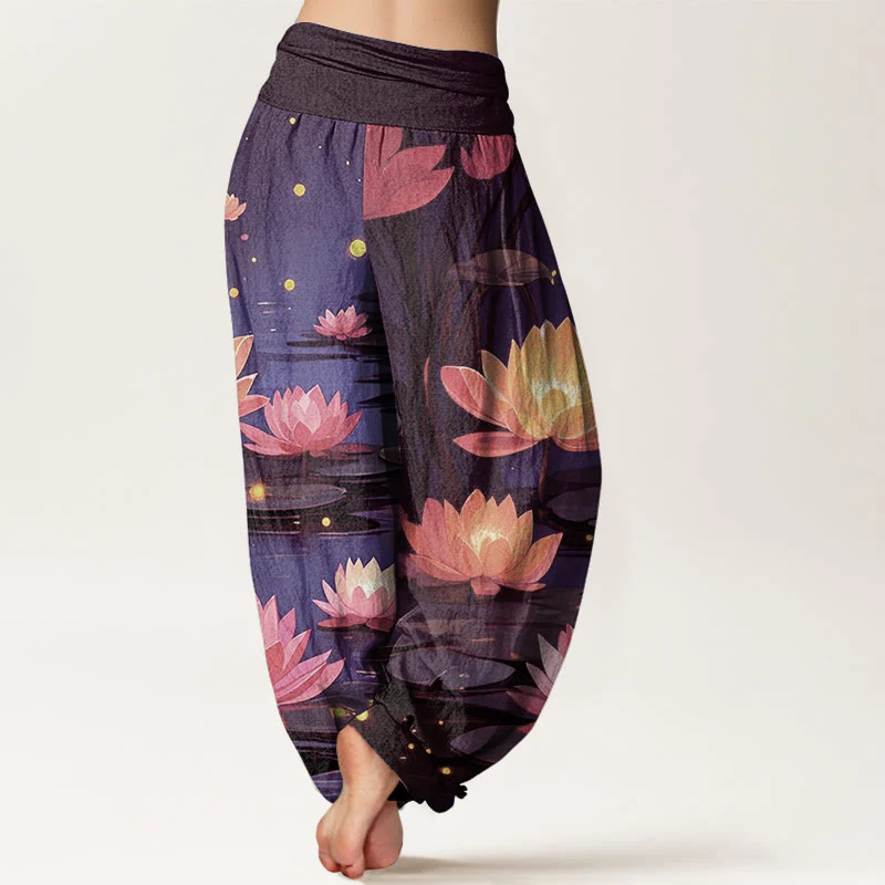 Buddha Stones Casual Peaceful Nighttime Lotus Pattern Women's Elastic Waist Harem Pants