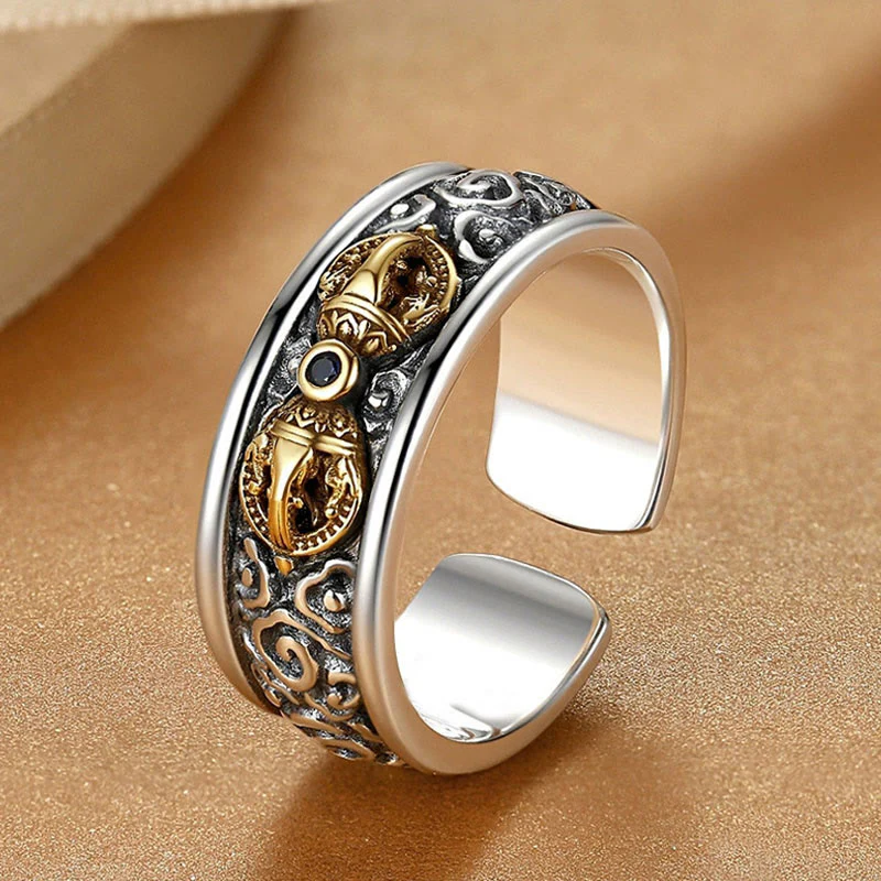 Buddha Stones Vintage Tibetan Vajra Auspicious Clouds Pattern Copper Plated Silver Balance Ring