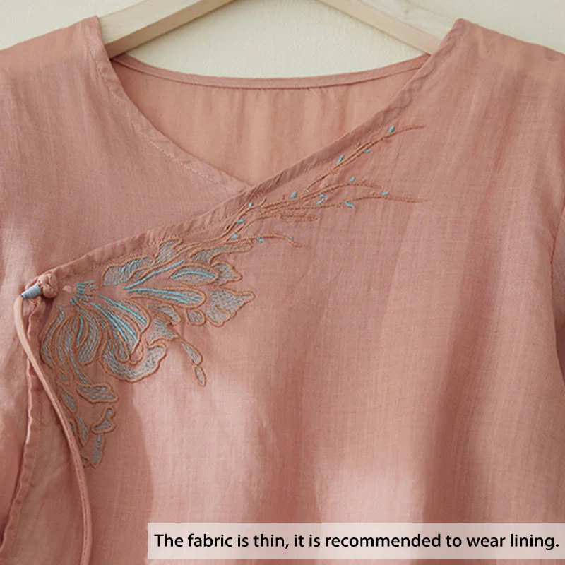 Buddha Stones Casual Women's Embroidery Plants Design Three Quarter Sleeve Cotton Linen Shirt