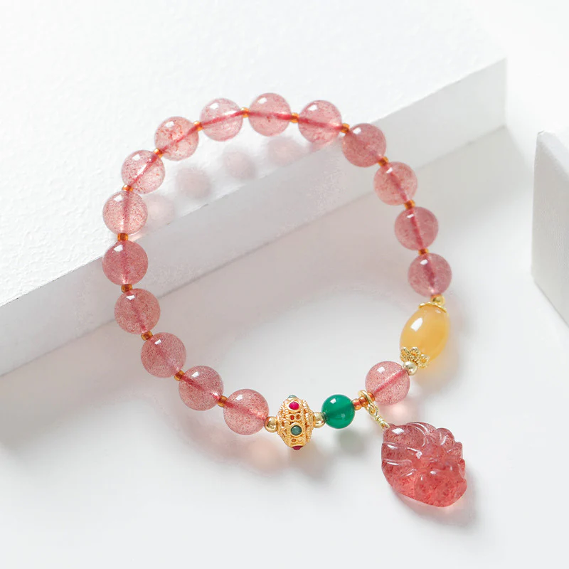 Buddha Stones Natural Strawberry Quartz Nine Tailed Fox Healing Bracelet